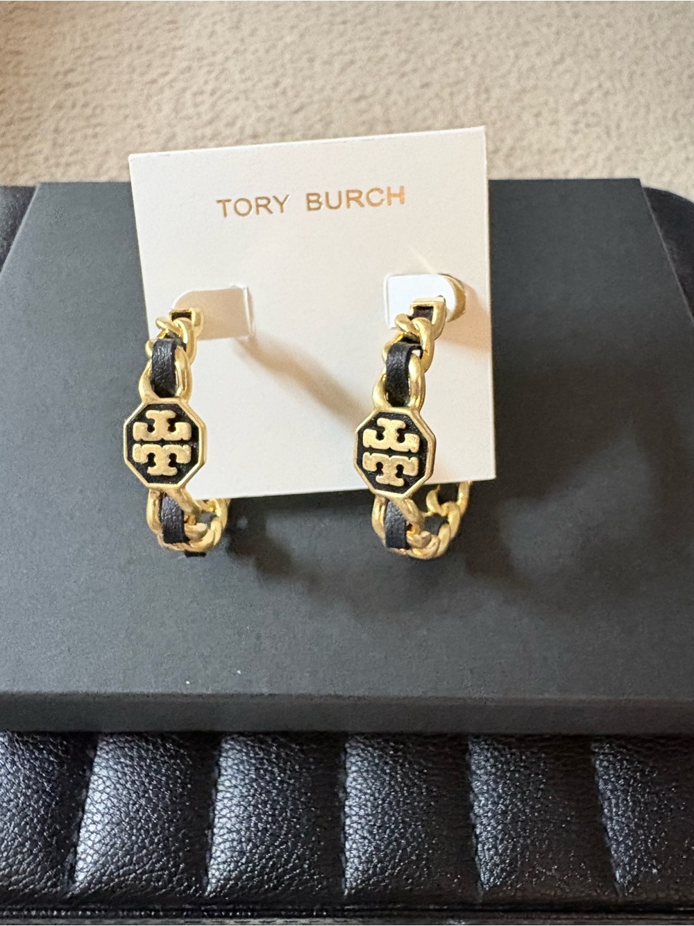 Tory Burch Gold and Black Logo Chain Hoop Earrings